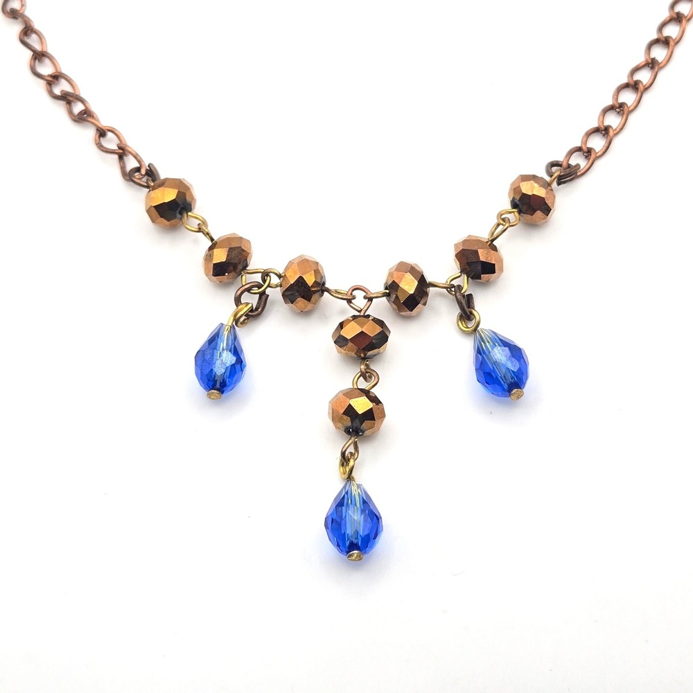 Handmade Copper Tone Bib Necklace Blue Glass Teardrop Bronze Faceted Beads